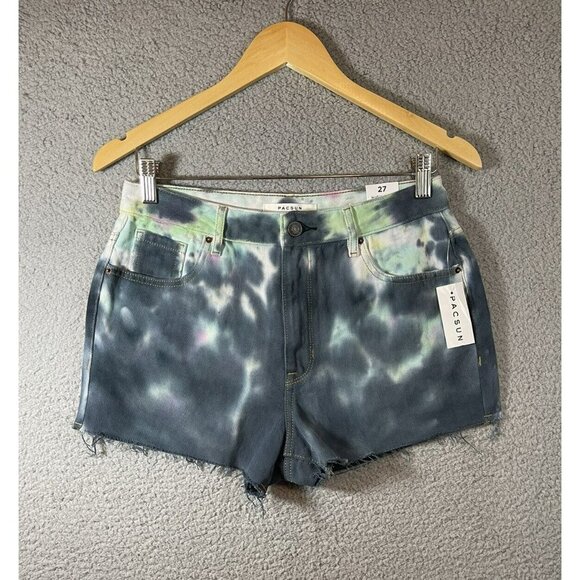 PacSun Jean Shorts Womens Sz 27 Pink Gray Tie Dye High Rise Festival Cut Off - Picture 3 of 12